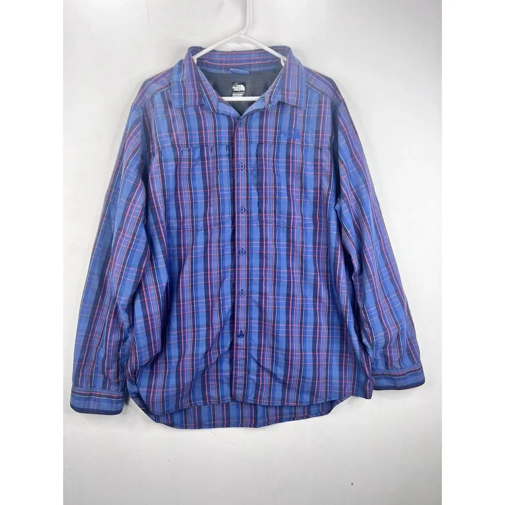 The North Face‎ Shirt Men XL Blue Roll-Up Long Sleeves Zip Pockets Logo Hiking